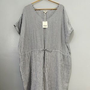 A.N.A. Stripped Short Sleeve Loose Fitting Dress With Pockets And Drawstrings